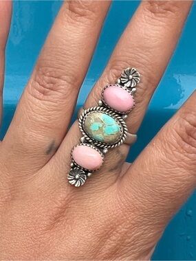 Turquoise and Pink Conch Silver Ring